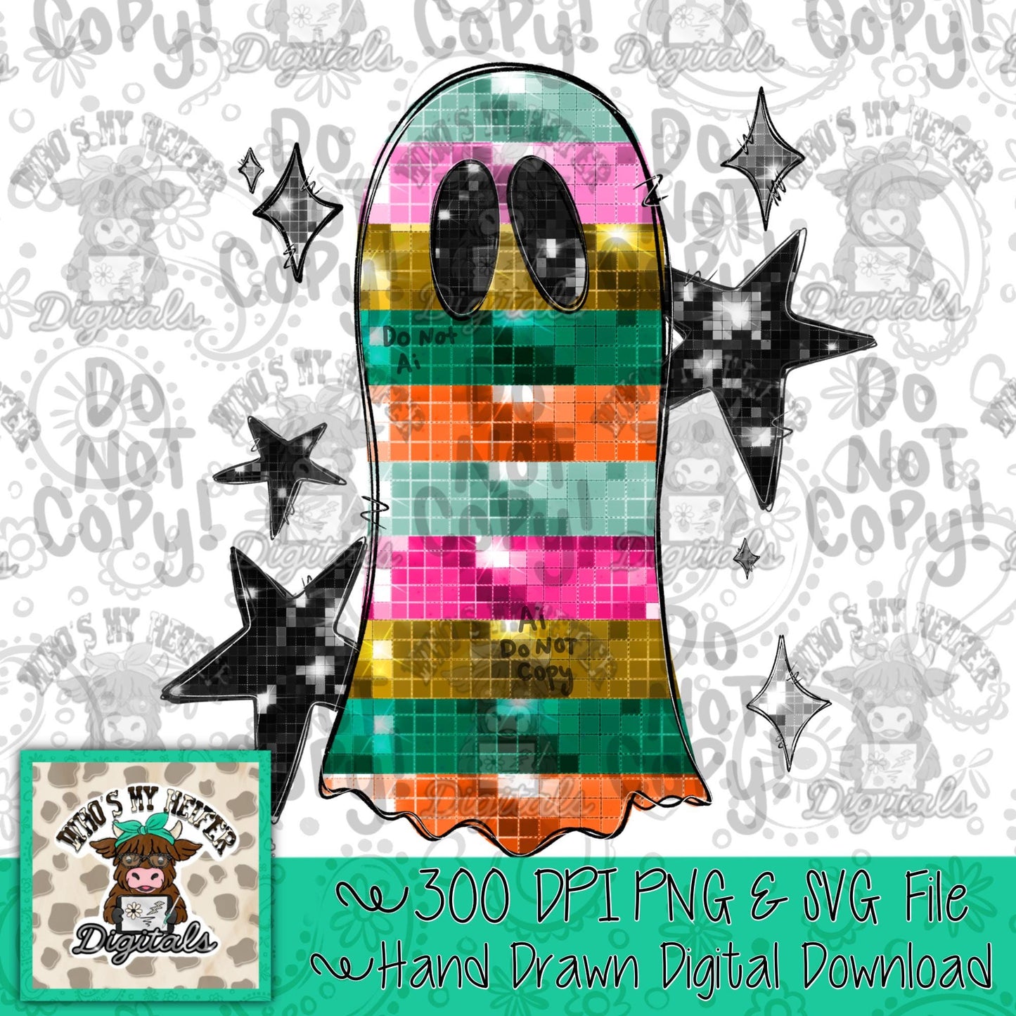 Halloween Disco Ghost PNG Hand Drawn Rainbow Stripe Ghoul Sublimation File Sparkly Glitter Mirror Spooky Trendy Shirt Design Digital Art