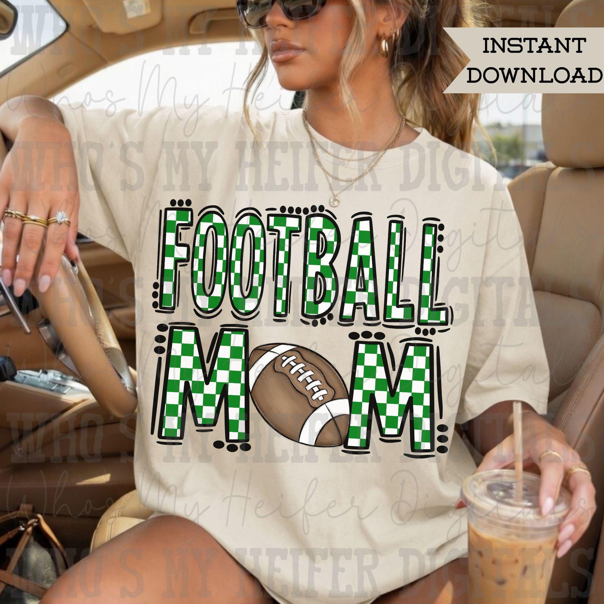Green Checkered Football Mom PNG Hand Drawn Sport Mom Doodle Sublimation File Preppy Game Day Idea Shirt Design Mama Spirit Digital