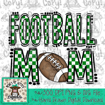 Green Checkered Football Mom PNG Hand Drawn Sport Mom Doodle Sublimation File Preppy Game Day Idea Shirt Design Mama Spirit Digital