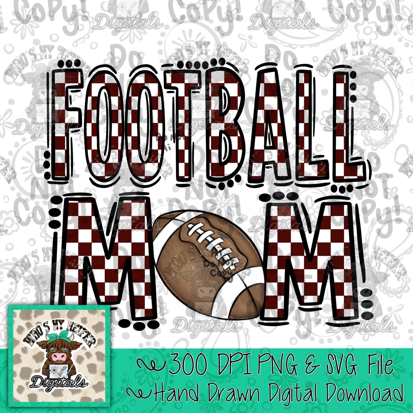 Maroon Checkered Football Mom PNG Hand Drawn Sport Mom Doodle Sublimation File Preppy Game Day Idea Shirt Design Mama Spirit Digital
