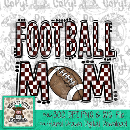 Maroon Checkered Football Mom PNG Hand Drawn Sport Mom Doodle Sublimation File Preppy Game Day Idea Shirt Design Mama Spirit Digital