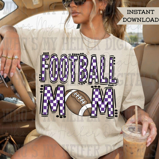 Checkered Football Mom PNG Hand Drawn Purple & White Sport Mom Doodle Sublimation File Trendy Game Day Shirt Design Mama Spirit Digital