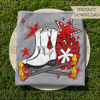 Red and White Flame Baton Twirler PNG Hand Drawn Fire Baton Pom Poms & White Drill Boots Sublimation File Game Day Majorette Shirt Design