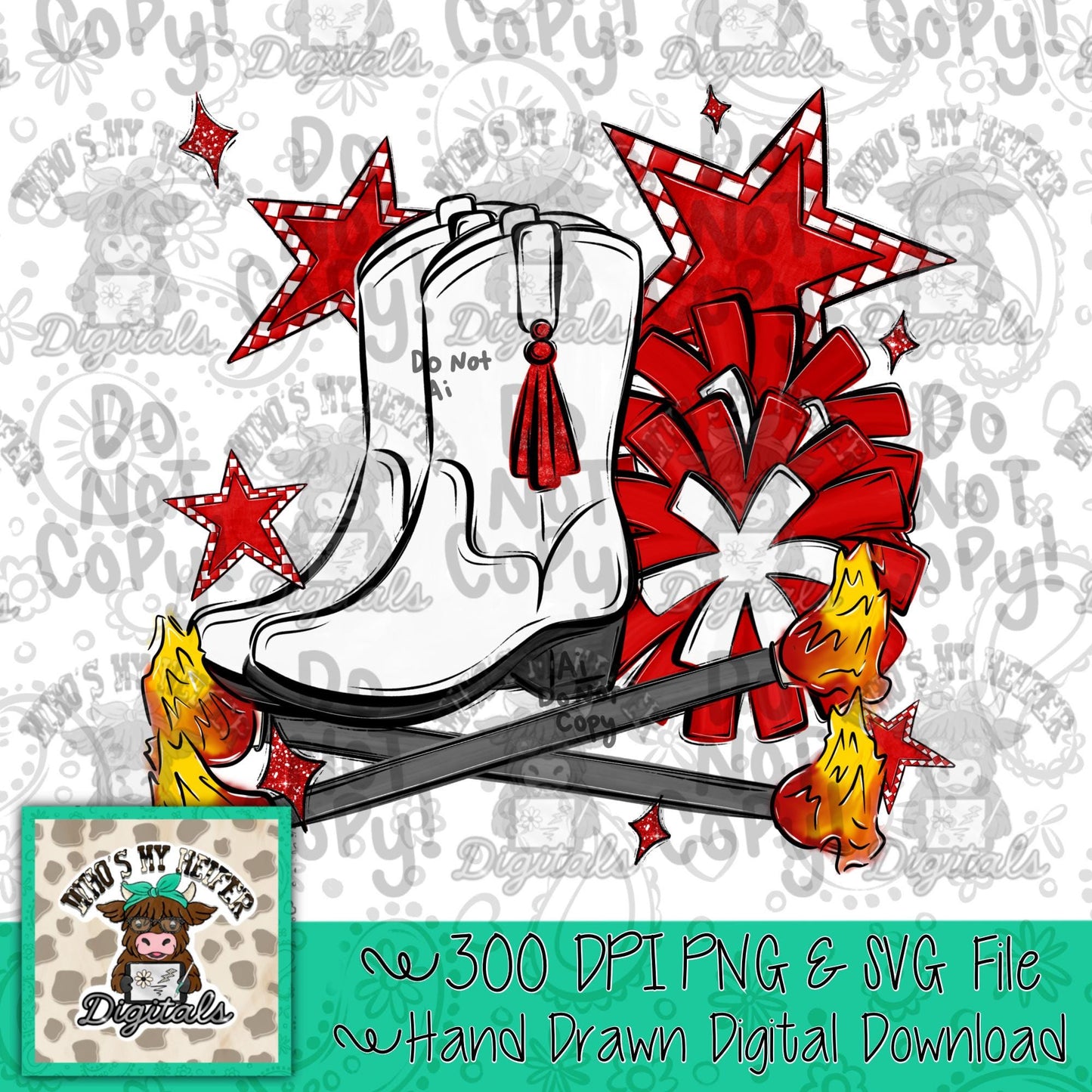 Red and White Flame Baton Twirler PNG Hand Drawn Fire Baton Pom Poms & White Drill Boots Sublimation File Game Day Majorette Shirt Design