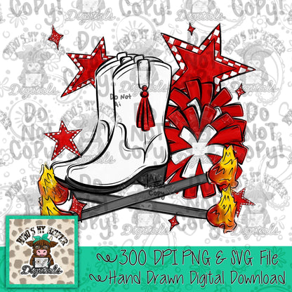 Red and White Flame Baton Twirler PNG Hand Drawn Fire Baton Pom Poms & White Drill Boots Sublimation File Game Day Majorette Shirt Design
