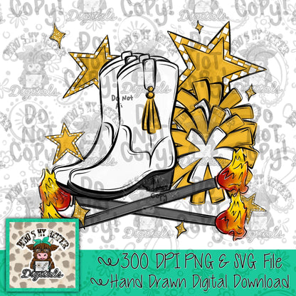 Yellow and White Flame Baton Twirler PNG Hand Drawn Fire Baton Pom Poms & White Drill Boots Sublimation File Game Day Majorette Shirt Design