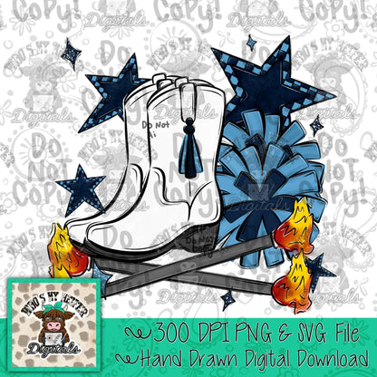 Navy and Blue Flame Baton Twirler PNG Hand Drawn Fire Baton Pom Poms & White Drill Boots Sublimation File Game Day Majorette Shirt Design