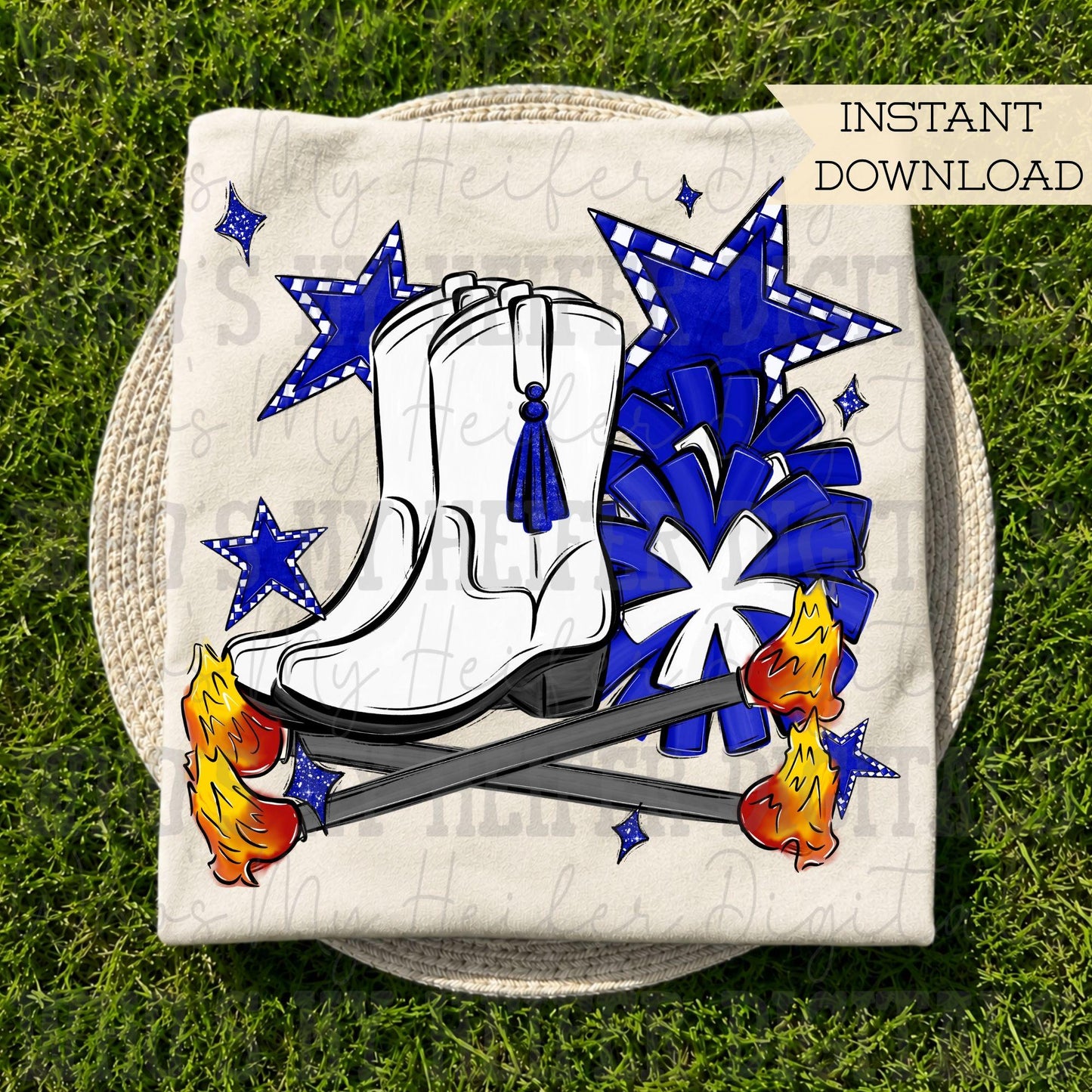 Blue Flame Baton Twirler PNG Hand Drawn Fire Baton Pom Poms & White Drill Team Boots Sublimation Game Day Majorette Shirt Design Digital Art