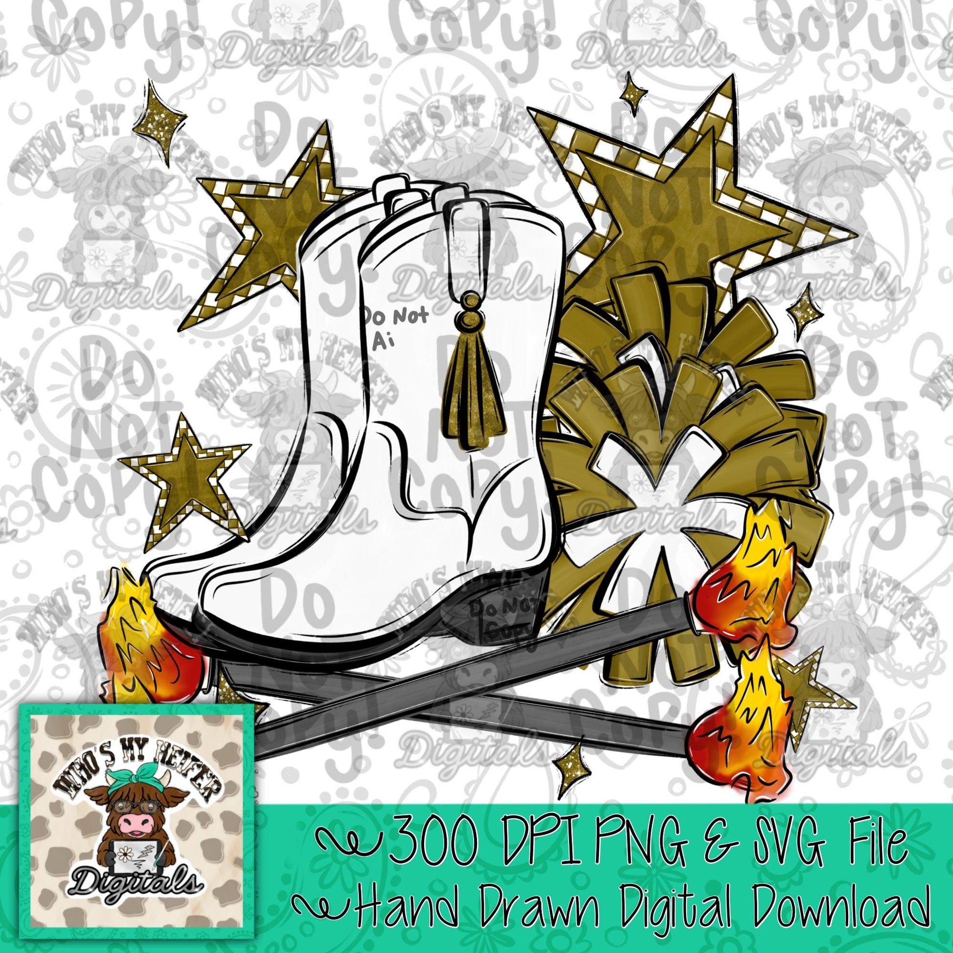 Gold Flame Baton Twirler PNG Hand Drawn Fire Baton Pom Poms & White Drill Team Boots Sublimation Game Day Majorette Shirt Design Digital Art