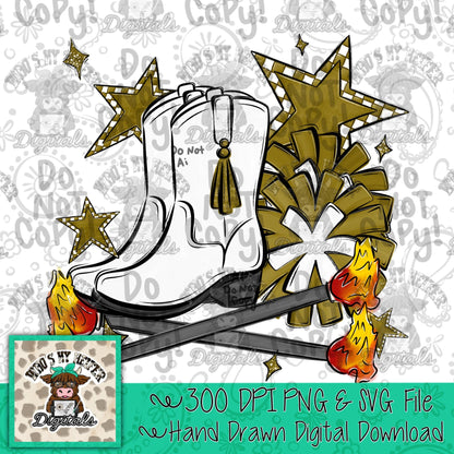 Gold Flame Baton Twirler PNG Hand Drawn Fire Baton Pom Poms & White Drill Team Boots Sublimation Game Day Majorette Shirt Design Digital Art