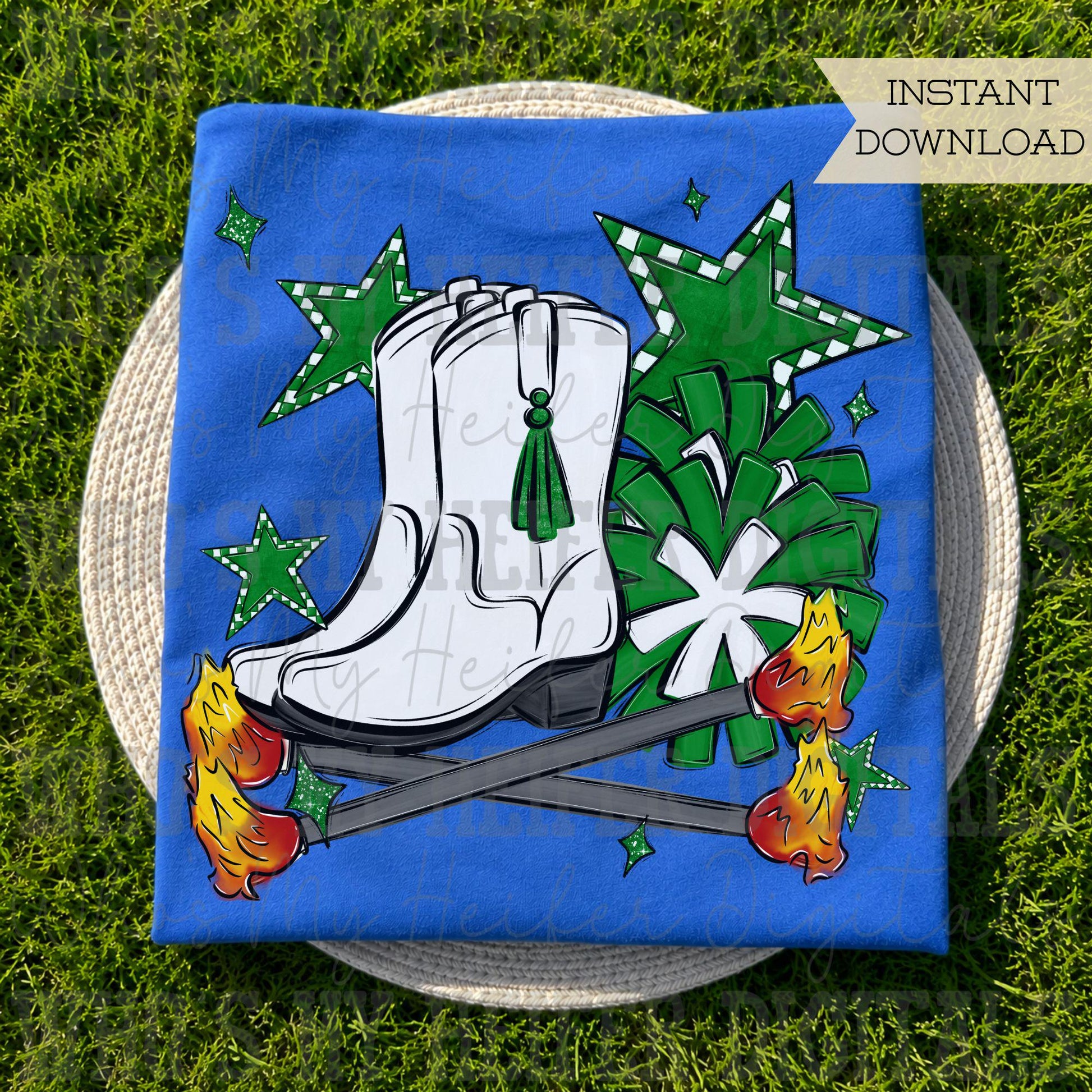Green Flame Baton Twirler PNG Hand Drawn Fire Baton Pom Pom & White Drill Team Boots Sublimation Game Day Majorette Shirt Design Digital Art