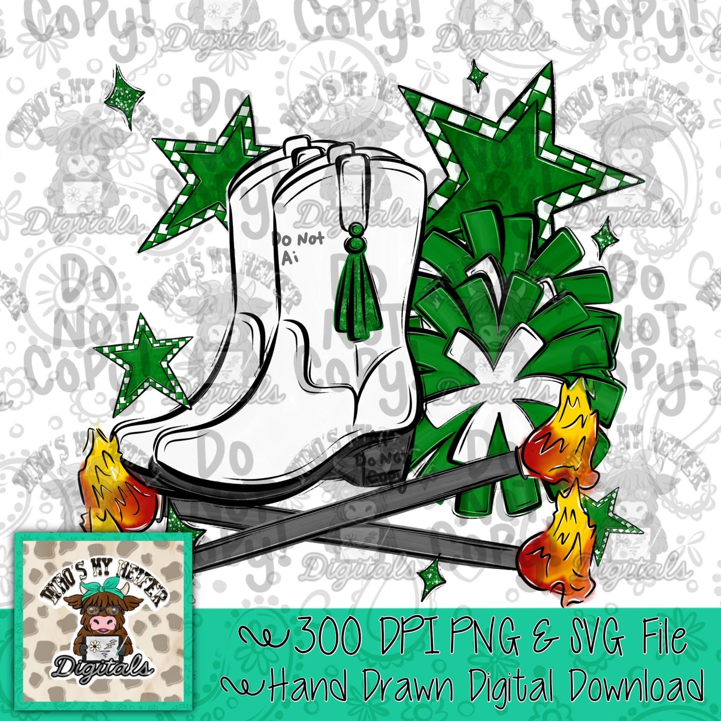 Green Flame Baton Twirler PNG Hand Drawn Fire Baton Pom Pom & White Drill Team Boots Sublimation Game Day Majorette Shirt Design Digital Art