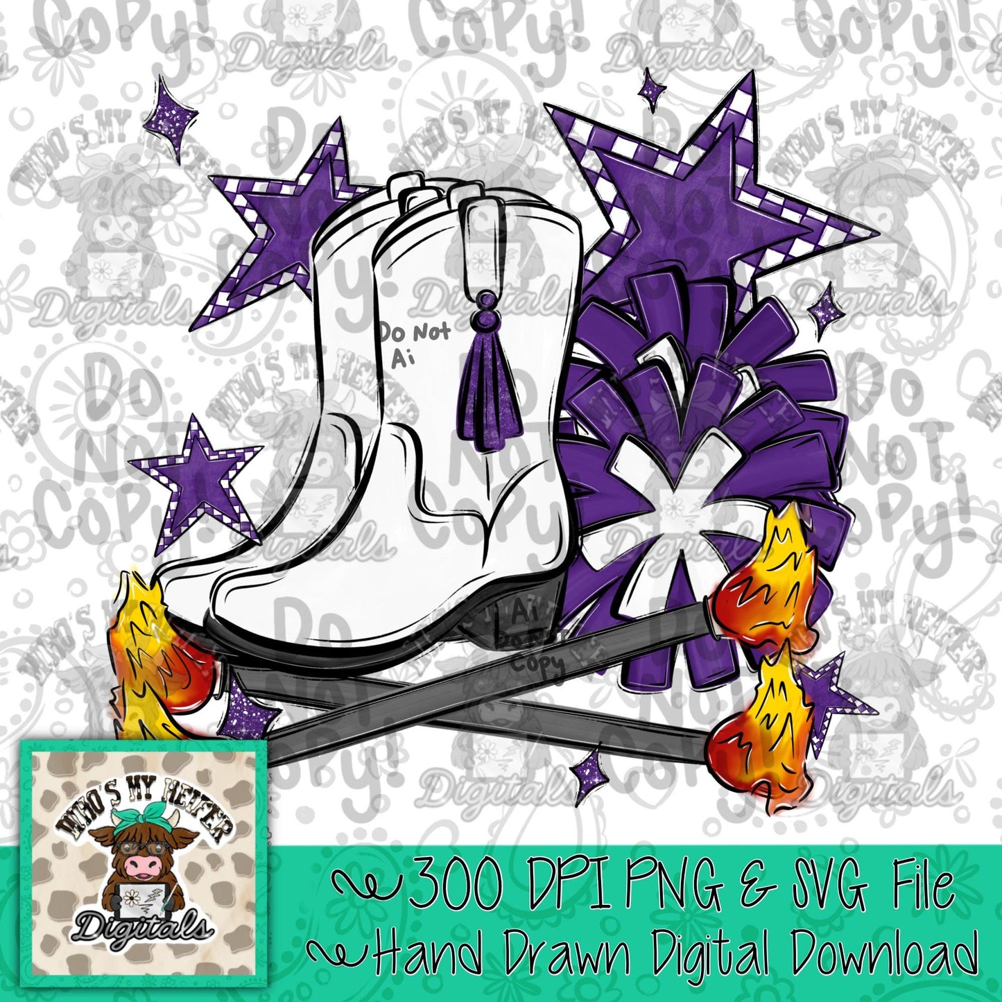 Purple and White Flame Baton Twirler PNG Hand Drawn Fire Baton Pom Poms & White Drill Boots Sublimation File Game Day Majorette Shirt Design
