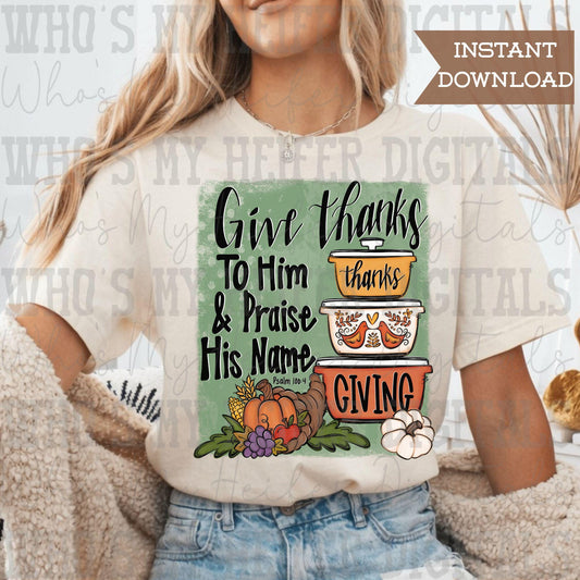 Whimsical Give Thanks  PNG Hand Drawn Casserole Dish & Fall Centerpiece Sublimation File Trendy Thanksgiving Theme Shirt Design Digital Art