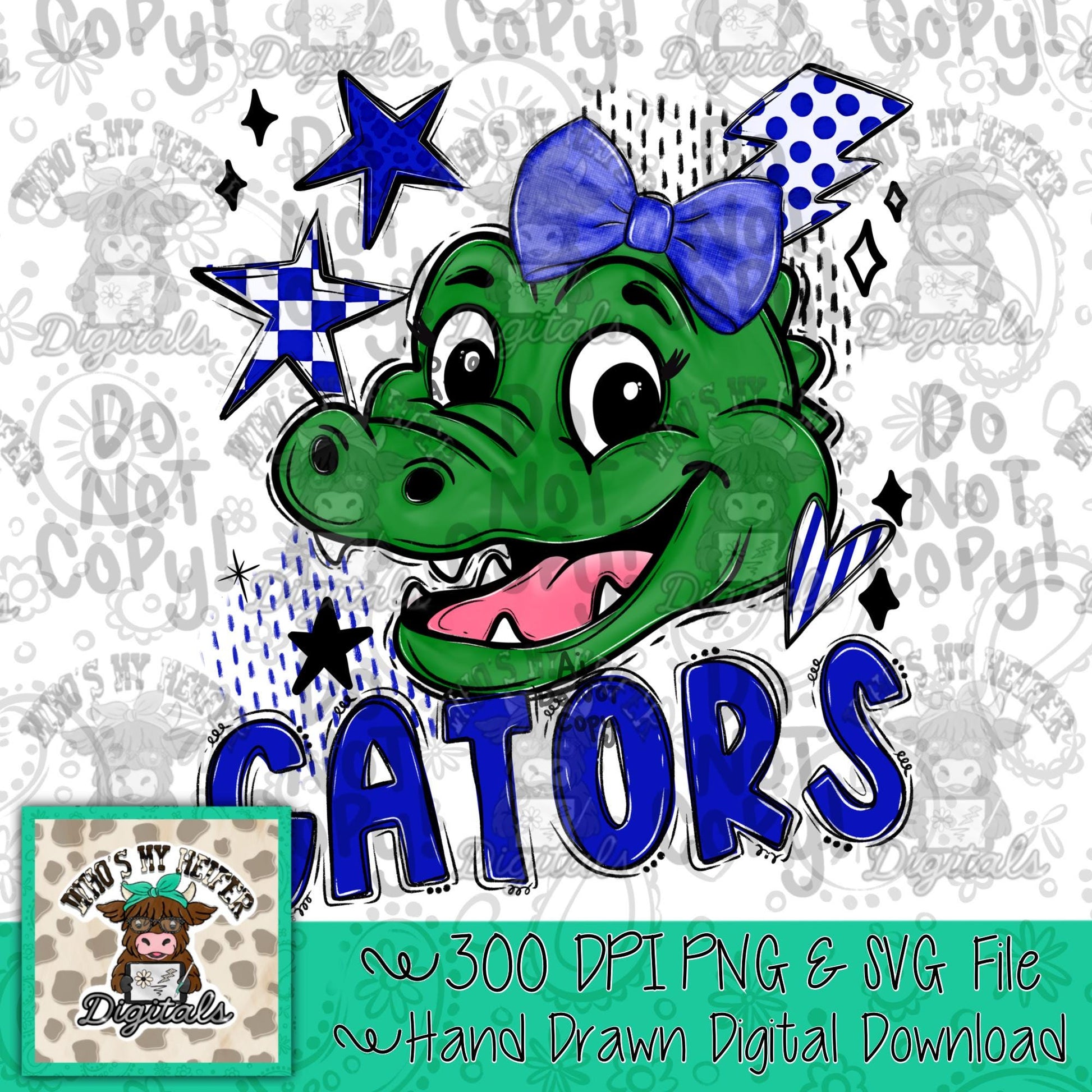 Blue & White Gator PNG Hand Drawn Gators with Bow Sublimation File Game Day Shirt Design School Spirit PNG Retro Kid Mascot Doodle Art