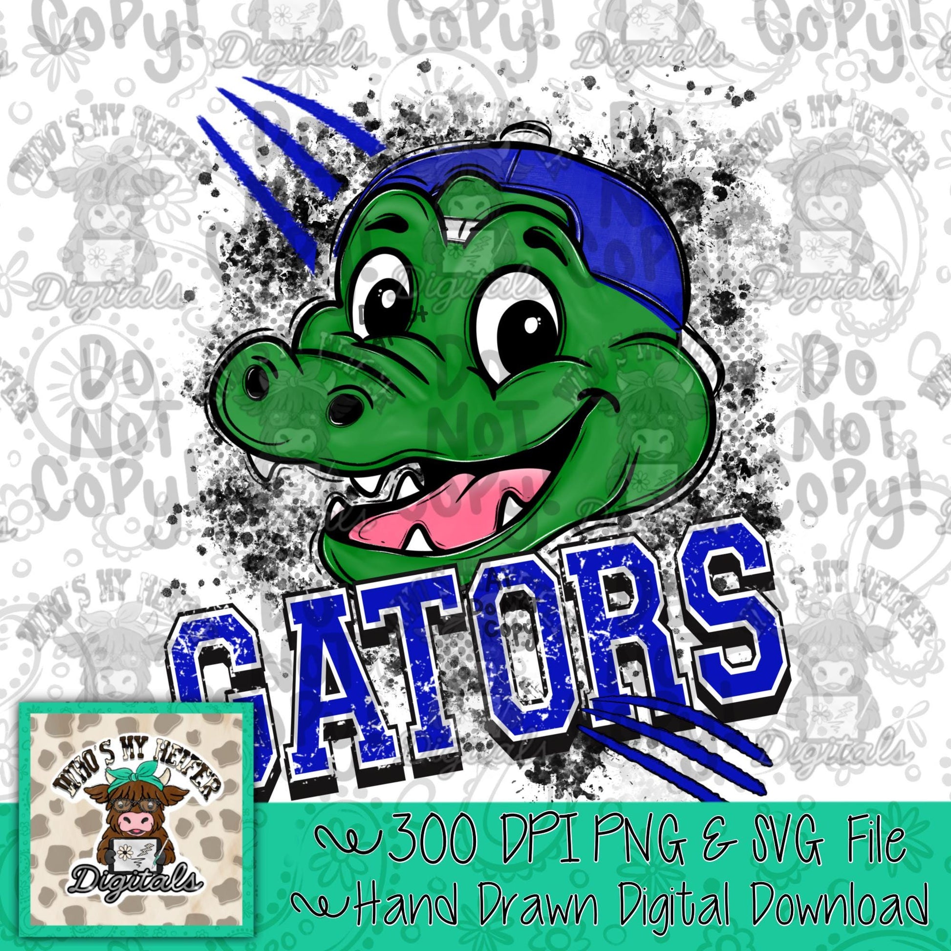 Blue & White Gator PNG Hand Drawn Gators with Hat Sublimation File Game Day Shirt Design School Spirit PNG Retro Kid Mascot Doodle Art