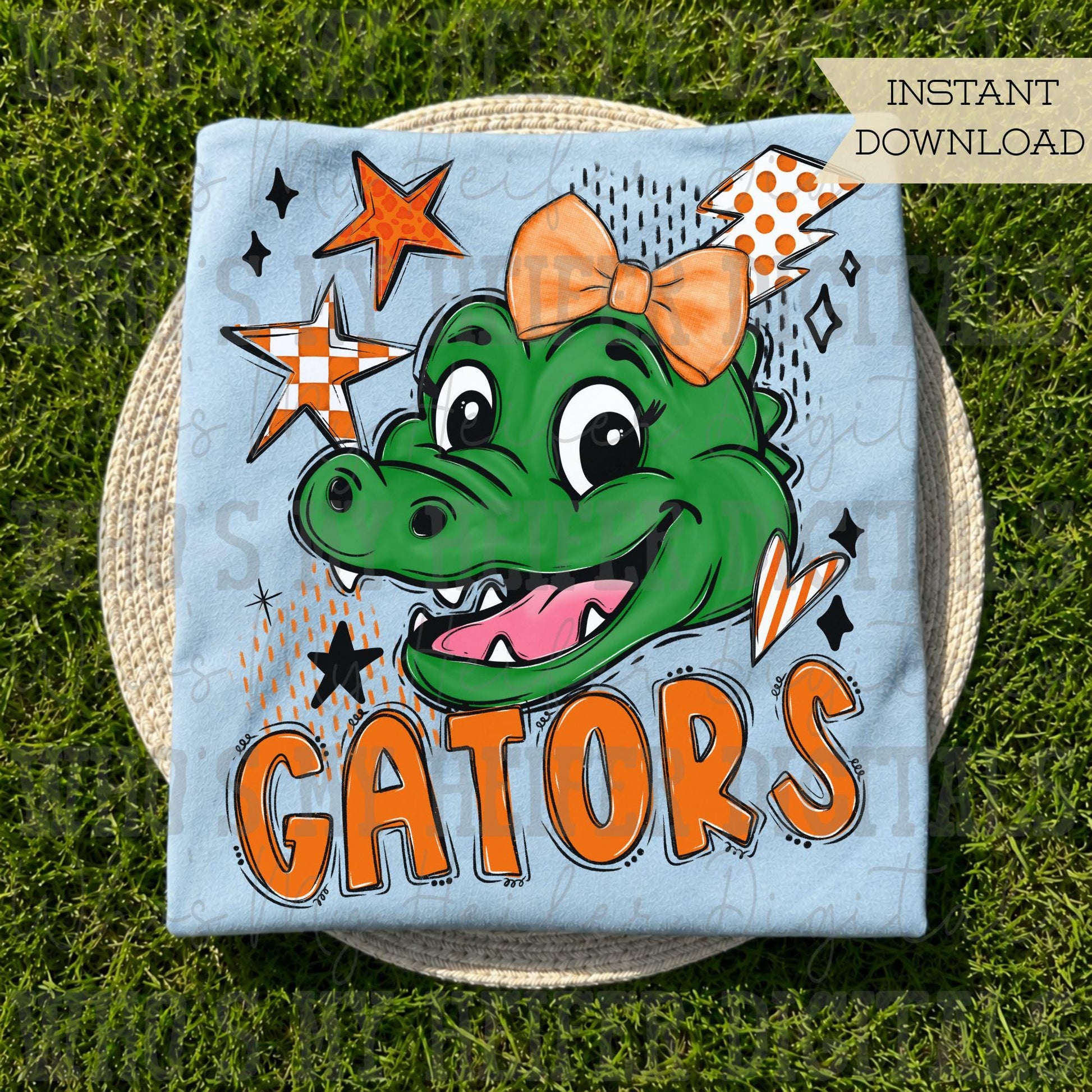 Orange & White Gator PNG Hand Drawn Gators with Bow Sublimation File Game Day Shirt Design School Spirit PNG Retro Kid Mascot Doodle Art