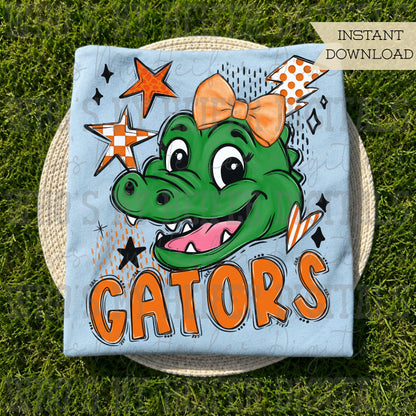 Orange & White Gator PNG Hand Drawn Gators with Bow Sublimation File Game Day Shirt Design School Spirit PNG Retro Kid Mascot Doodle Art