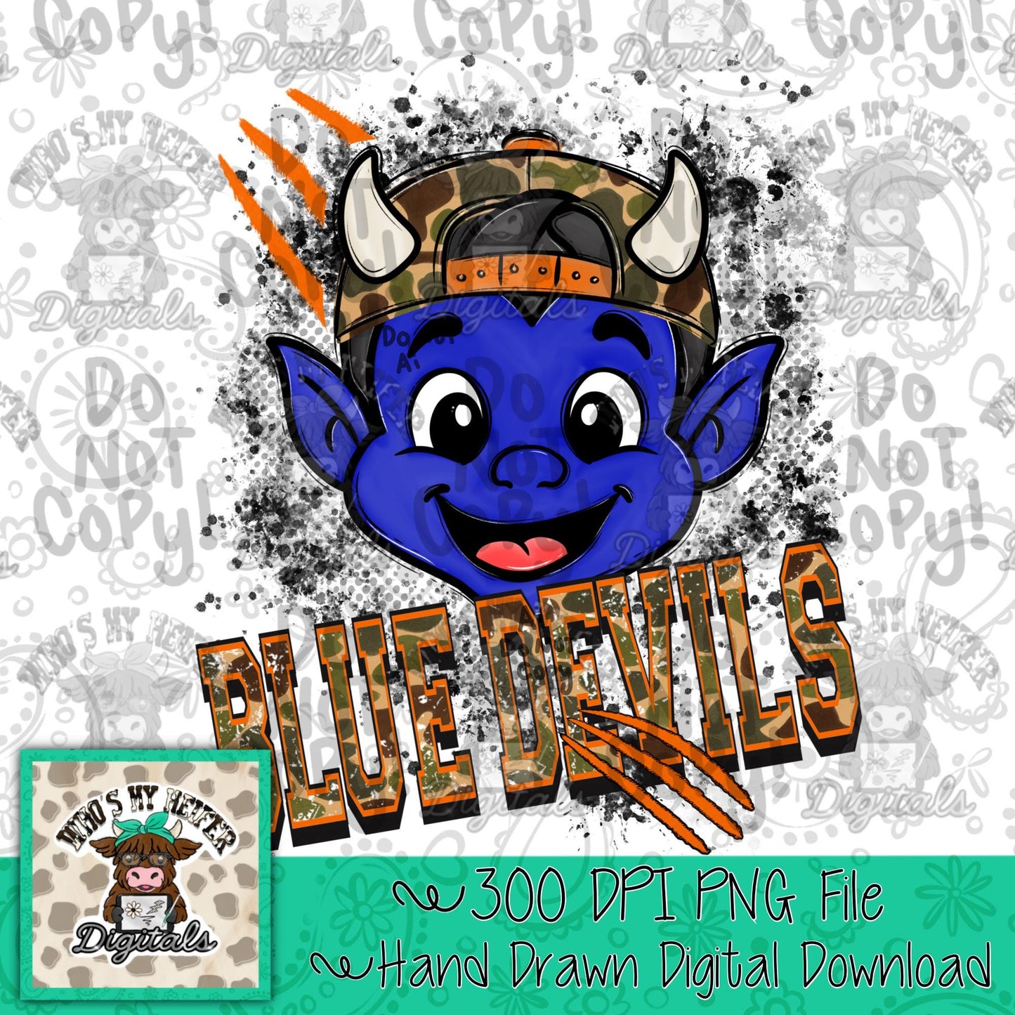 Retro Camo Blue Devils PNG Hand Drawn Distressed Devil with Camouflage Hat Sublimation File Trendy Game Day Shirt Design School Spirit DTF