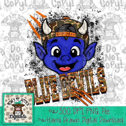 Retro Camo Blue Devils PNG Hand Drawn Distressed Devil with Camouflage Hat Sublimation File Trendy Game Day Shirt Design School Spirit DTF