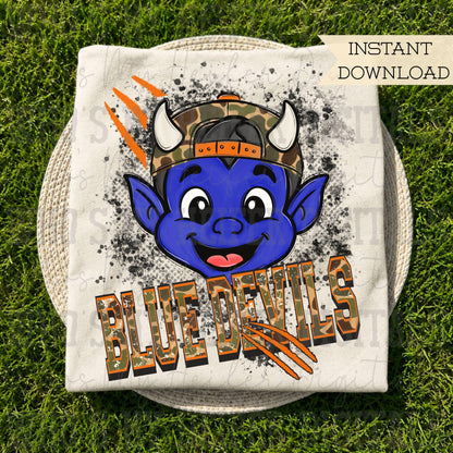 Retro Camo Blue Devils PNG Hand Drawn Distressed Devil with Camouflage Hat Sublimation File Trendy Game Day Shirt Design School Spirit DTF