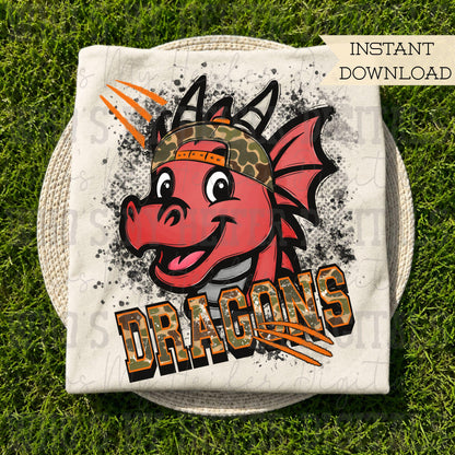 Retro Camo Red Dragon PNG Hand Drawn Distressed Dragon with Camouflage Hat Sublimation File Trendy Game Day Shirt Design School Spirit DTF