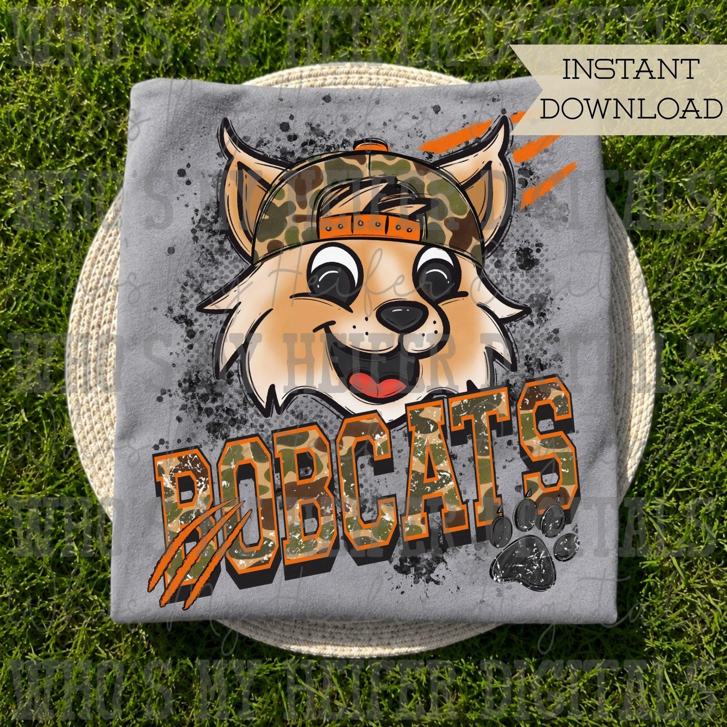 Retro Camo Bobcats PNG Hand Drawn Distressed Bobcat with Camouflage Hat Sublimation File Trendy Game Day Shirt Design School Spirit DTF