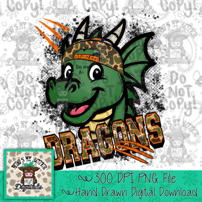 Retro Camo Dragons PNG Hand Drawn Distressed Dragon with Camouflage Hat Sublimation File Trendy Game Day Shirt Design School Spirit DTF