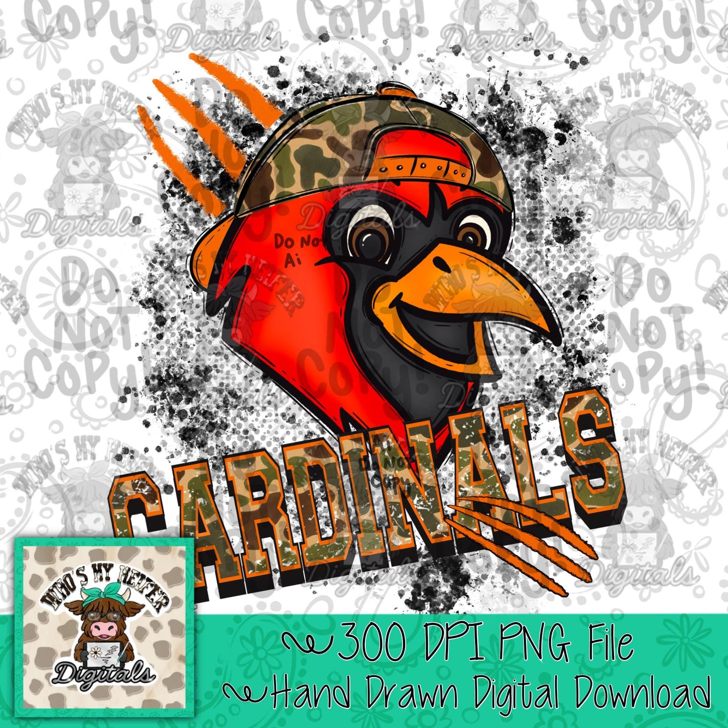 Retro Camo Cardinals PNG Hand Drawn Distressed Cardinal with Camouflage Hat Sublimation File Trendy Game Day Shirt Design School Spirit DTF