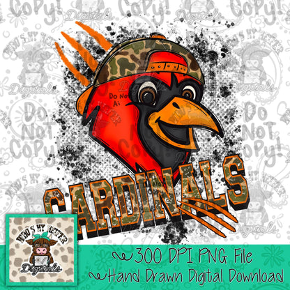 Retro Camo Cardinals PNG Hand Drawn Distressed Cardinal with Camouflage Hat Sublimation File Trendy Game Day Shirt Design School Spirit DTF