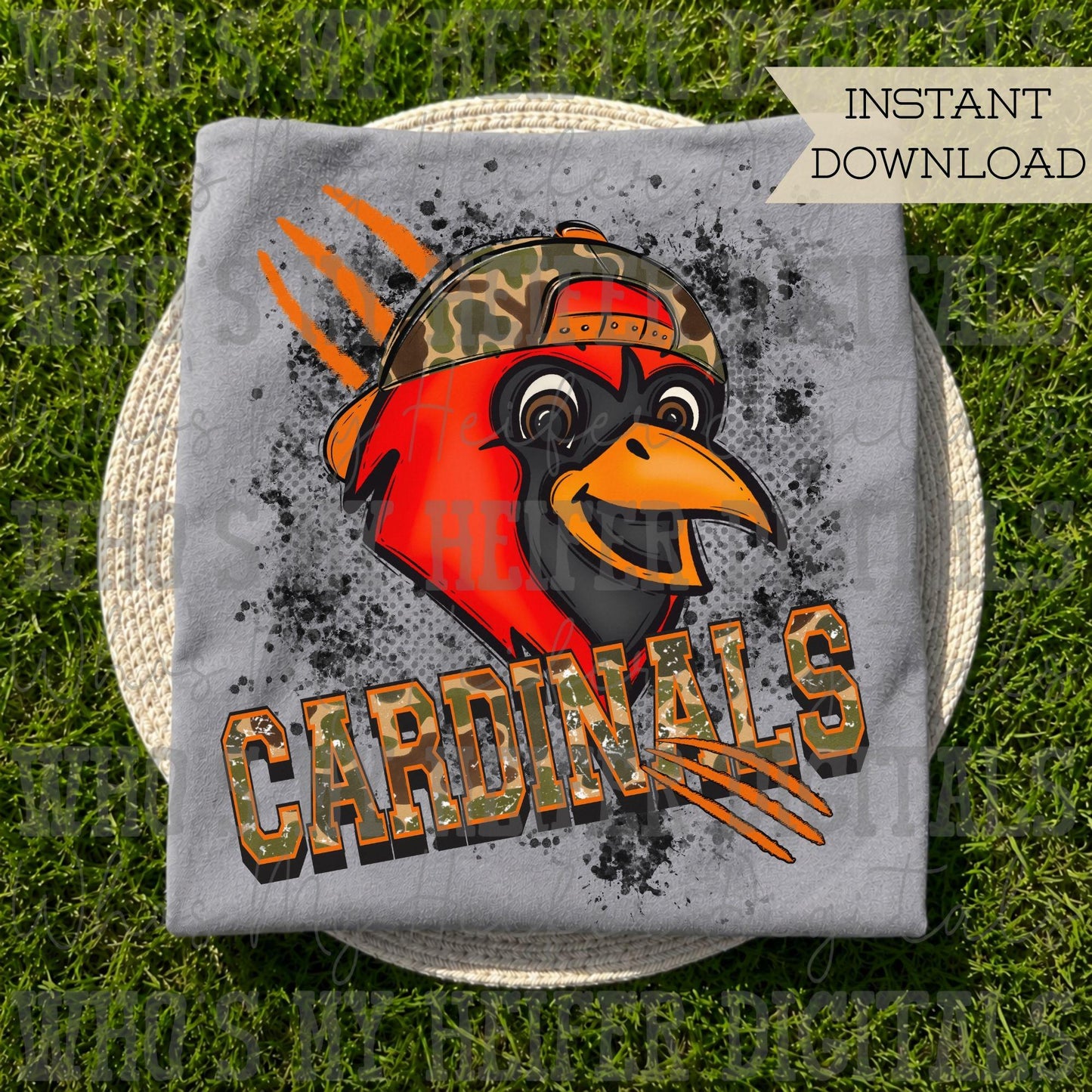 Retro Camo Cardinals PNG Hand Drawn Distressed Cardinal with Camouflage Hat Sublimation File Trendy Game Day Shirt Design School Spirit DTF