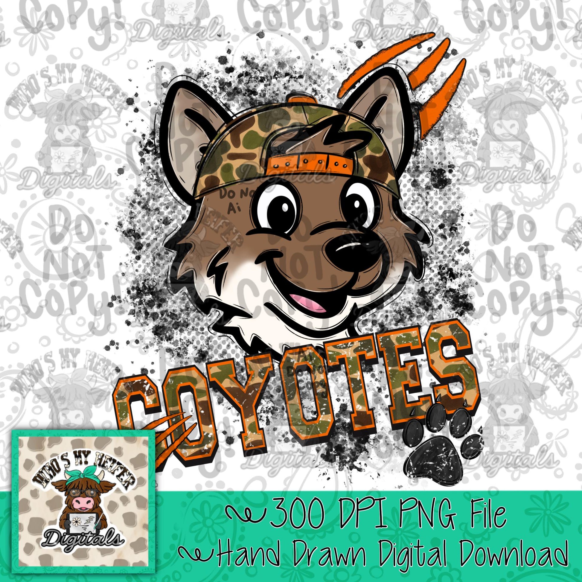 Retro Camo Coyotes PNG Hand Drawn Distressed Coyote with Camouflage Hat Sublimation File Trendy Game Day Shirt Design School Spirit Mascot