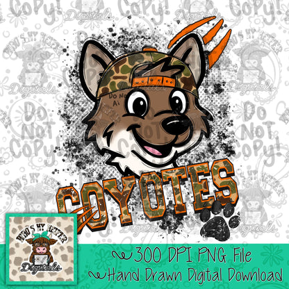 Retro Camo Coyotes PNG Hand Drawn Distressed Coyote with Camouflage Hat Sublimation File Trendy Game Day Shirt Design School Spirit Mascot