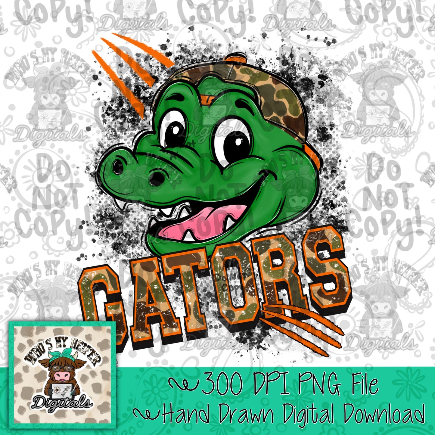 Retro Camo Gators PNG Hand Drawn Distressed Gator with Camouflage Hat Sublimation File Trendy Game Day Shirt Design School Spirit Mascot DTF