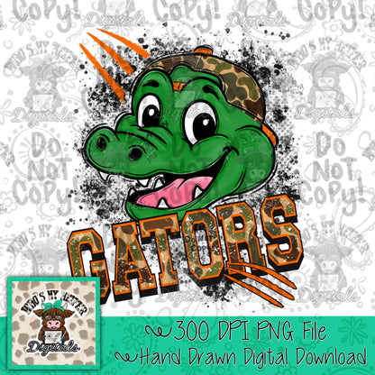 Retro Camo Gators PNG Hand Drawn Distressed Gator with Camouflage Hat Sublimation File Trendy Game Day Shirt Design School Spirit Mascot DTF