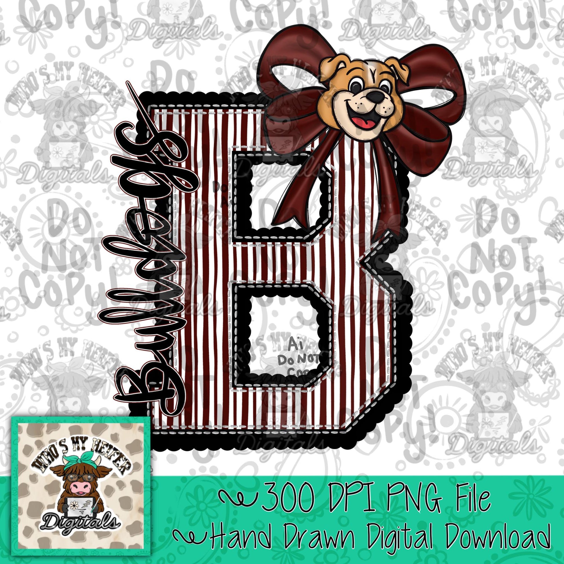Bulldog Varsity Letter Bow PNG Hand Drawn Mascot Scallop Seeksucker Letter Sublimation File Stripe School Spirit Idea Game Day Shirt Design