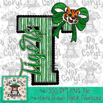 Tiger Varsity Letter Bow PNG Hand Drawn Tigers Scallop Seeksucker Letter Sublimation File Stripe School Spirit Idea Game Day Shirt Design