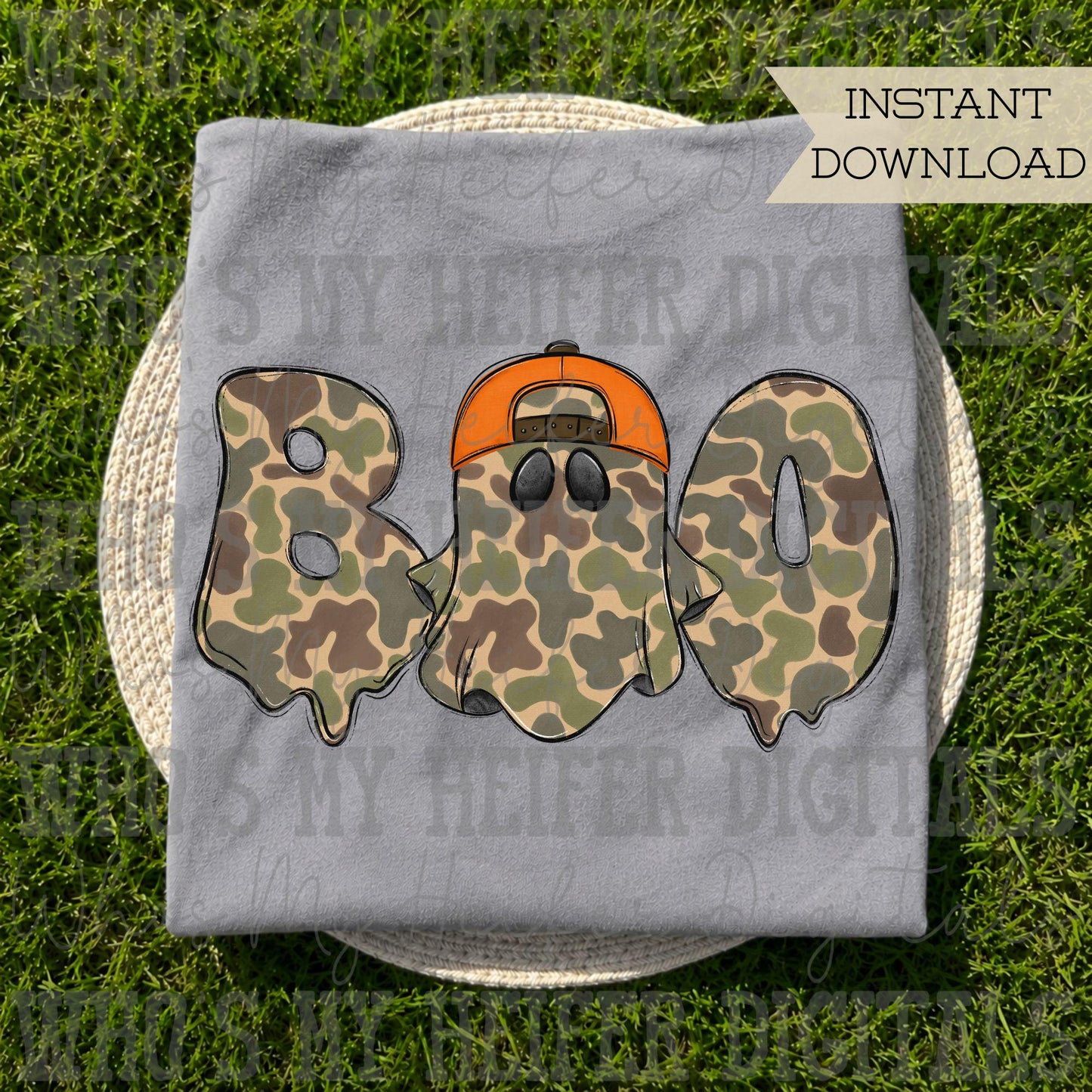 Camo Boo PNG Hand Drawn Camouflage Ghost with Orange   Hat Sublimation File Boy Halloween Shirt Design DTF Spooky  Digital Download