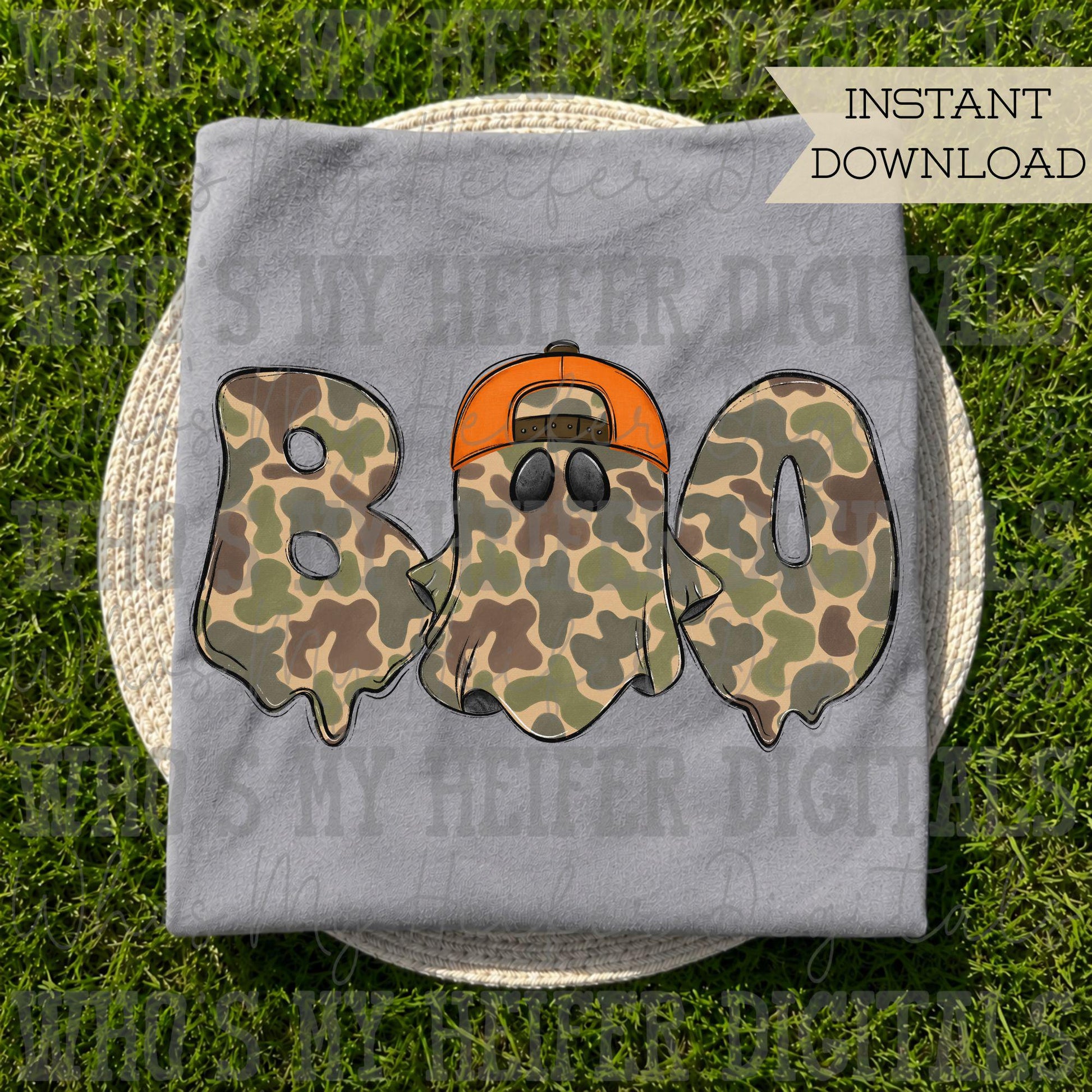 Camo Boo PNG Hand Drawn Camouflage Ghost with Orange   Hat Sublimation File Boy Halloween Shirt Design DTF Spooky  Digital Download