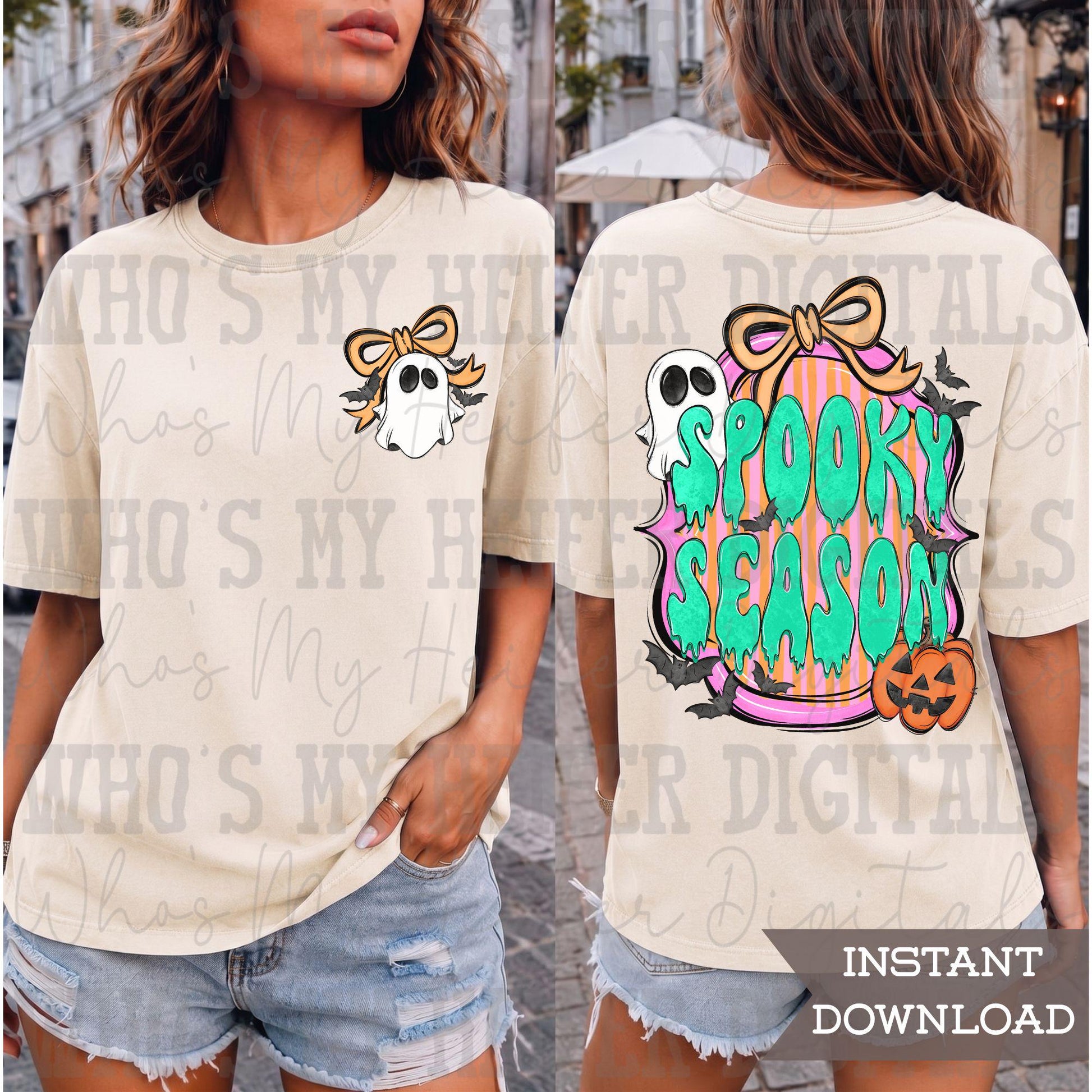 Whimsical Spooky PNG Hand Drawn Spooky Season with Bow and Bat Sublimation File Halloween Theme Front and Back Shirt Design Ghost Doodle Art
