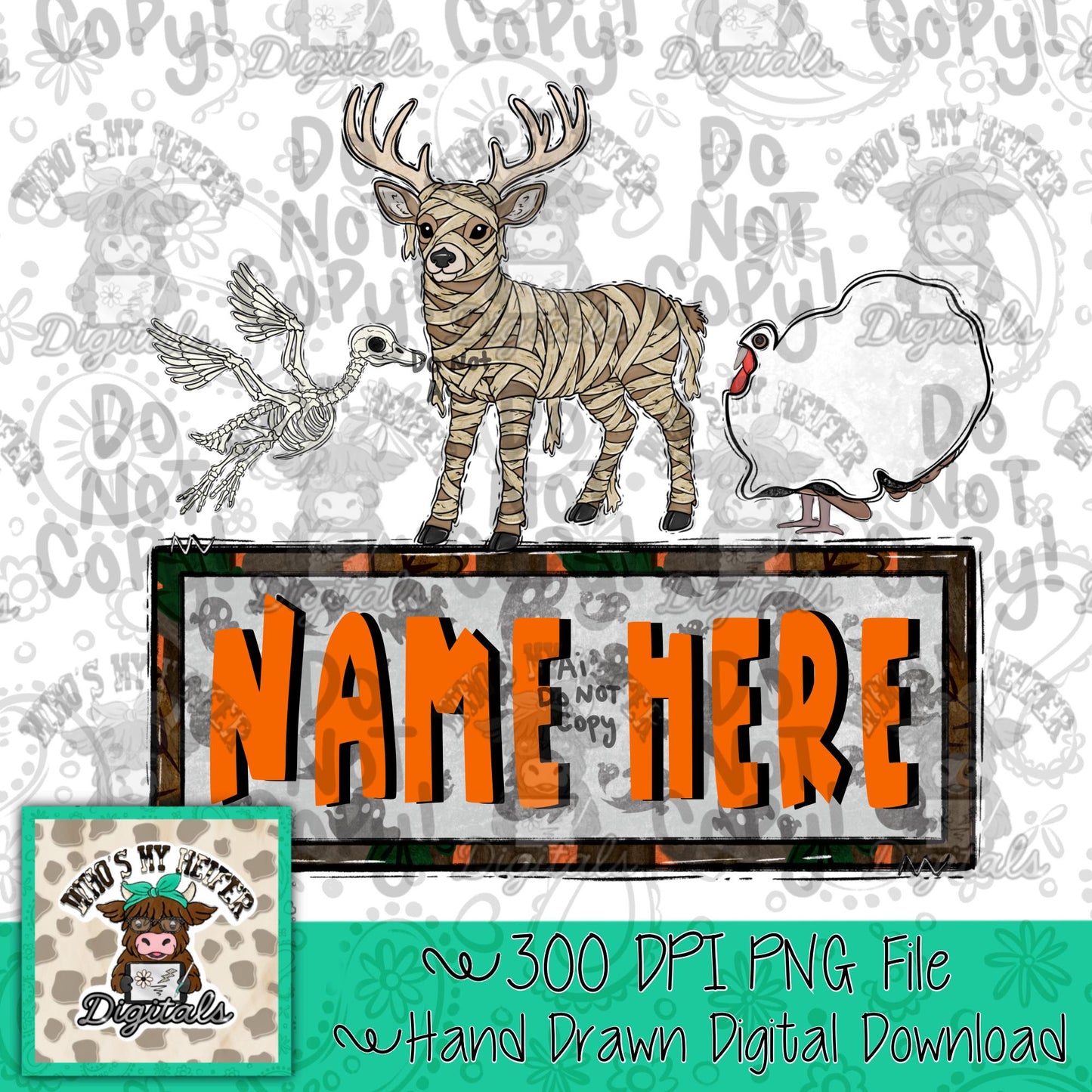 Halloween Hunting Animals Trio name block Sublimation PNG Hand Drawn Mallard Duck Deer Turkey PNG File Kid Halloween Shirt Design Duck Skeleton Mummy