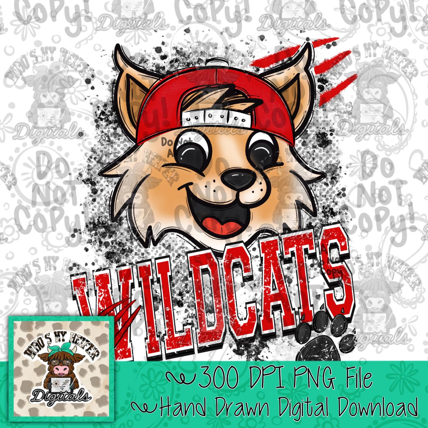 Red & White Wildcat PNG Hand Drawn Wildcat with Hat Sublimation PNG Game Day Shirt Design School Spirit PNG Retro Kid Mascot Doodle Art
