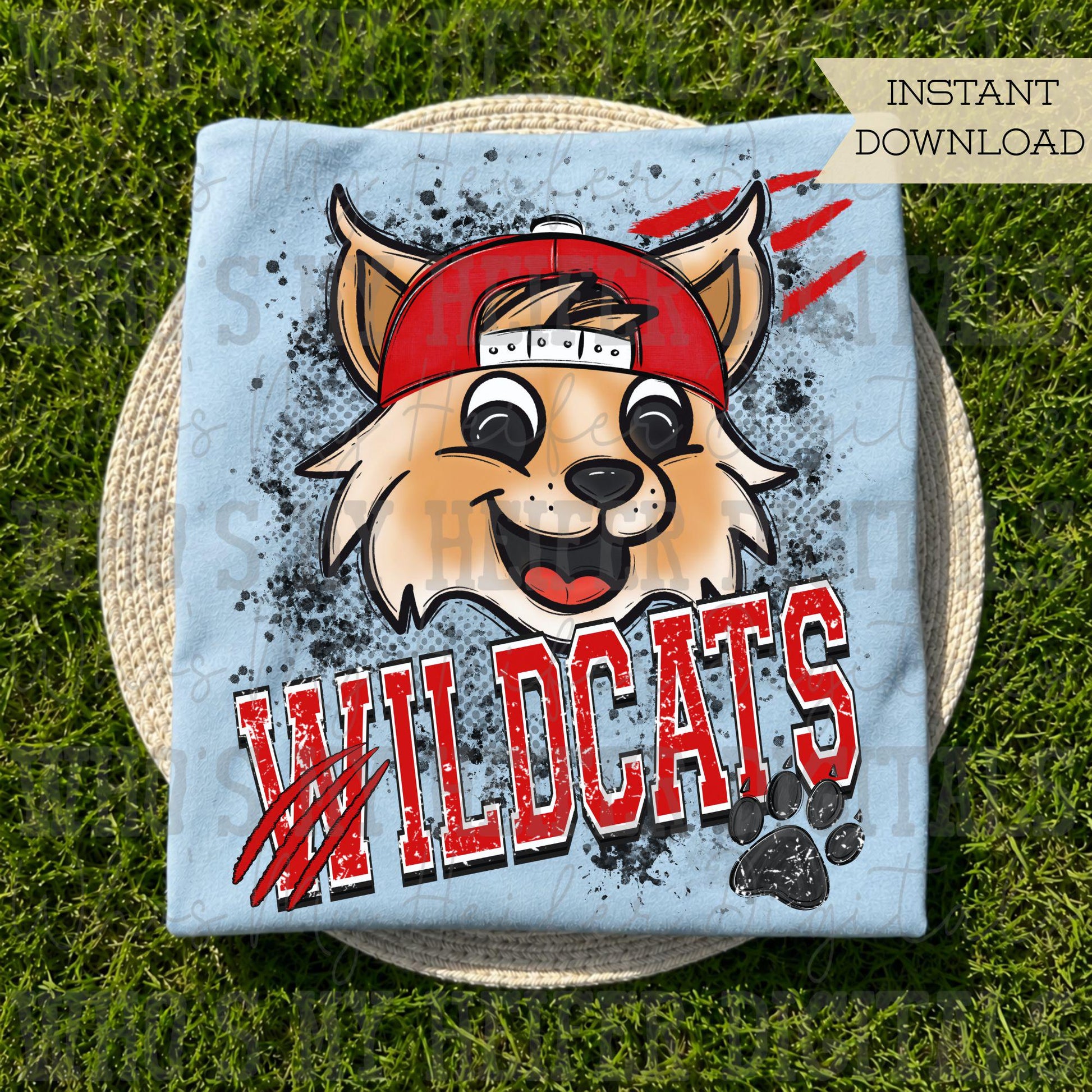 Red & White Wildcat PNG Hand Drawn Wildcat with Hat Sublimation PNG Game Day Shirt Design School Spirit PNG Retro Kid Mascot Doodle Art