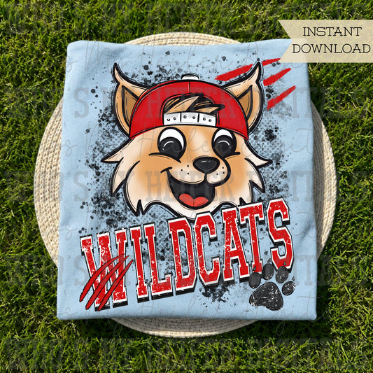 Red & White Wildcat PNG Hand Drawn Wildcat with Hat Sublimation PNG Game Day Shirt Design School Spirit PNG Retro Kid Mascot Doodle Art