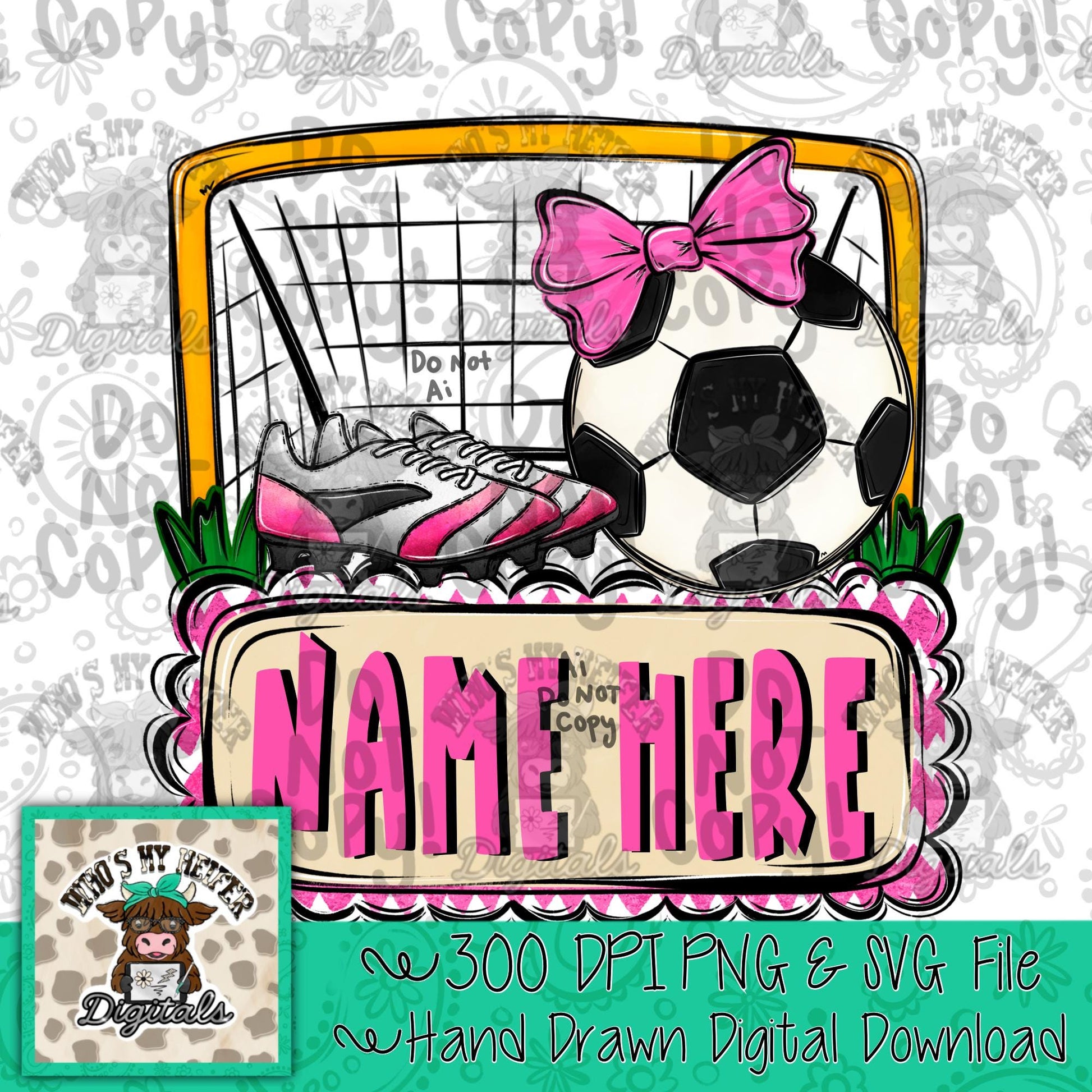 Girl Soccer Trio with Name Block PNG Hand Drawn Soccer with Pink Bow Cleat Sublimation File Trendy Girly Sport Shirt Design Doodle Art
