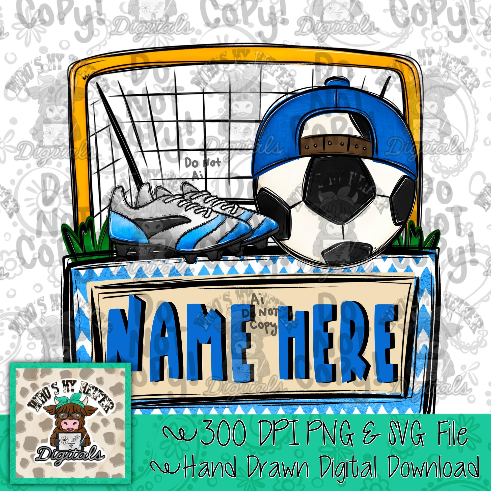 Blue Soccer Trio with Name Block PNG Hand Drawn Soccer with Hat Cleat Sublimation File Trendy Sport Shirt Design Soccer Game Day Doodle Art