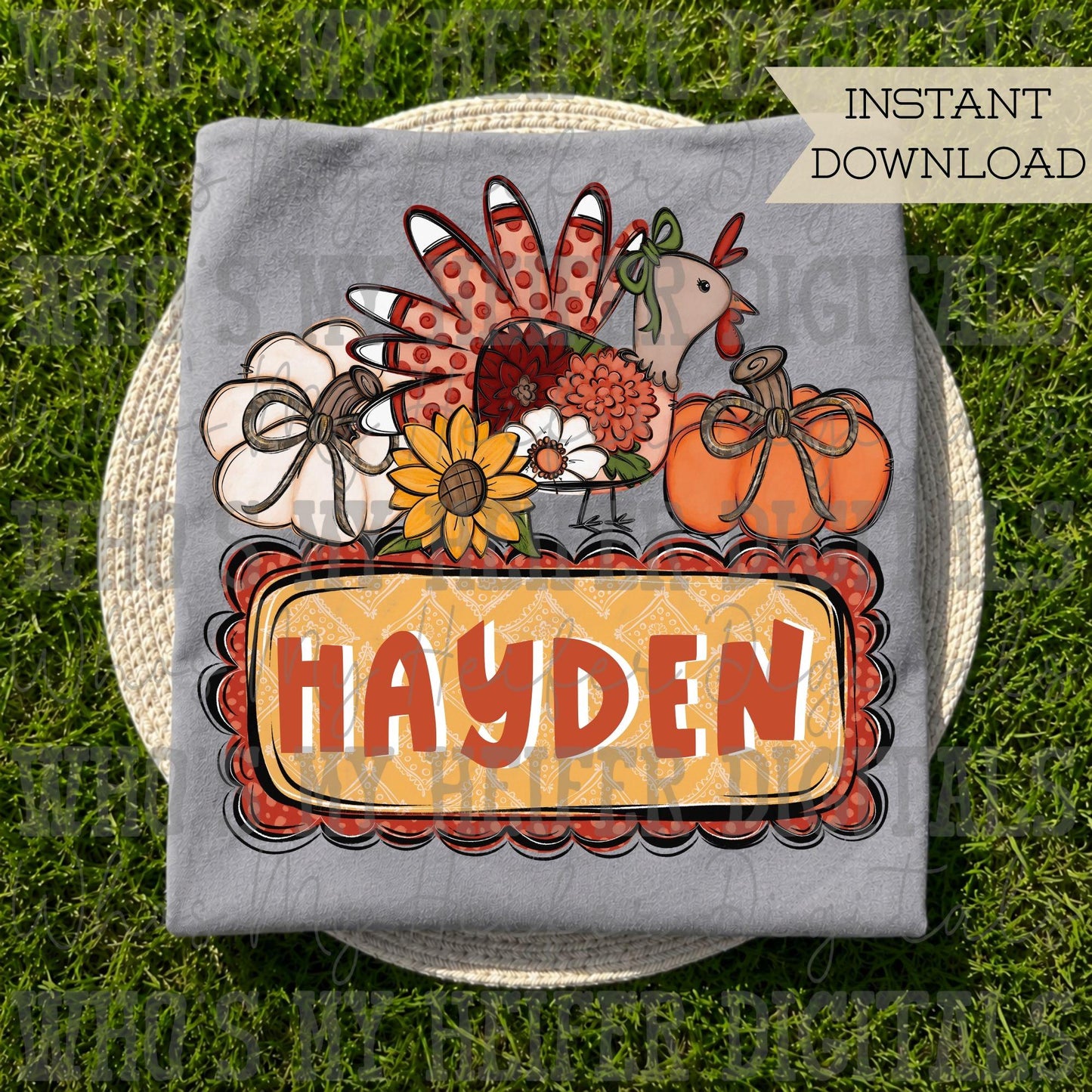Girly Fall Name Block PNG Hand Drawn Whimsical Turkey with Bow and Pumpkin Sublimation File Trendy Sunflower Doodle Shirt Design