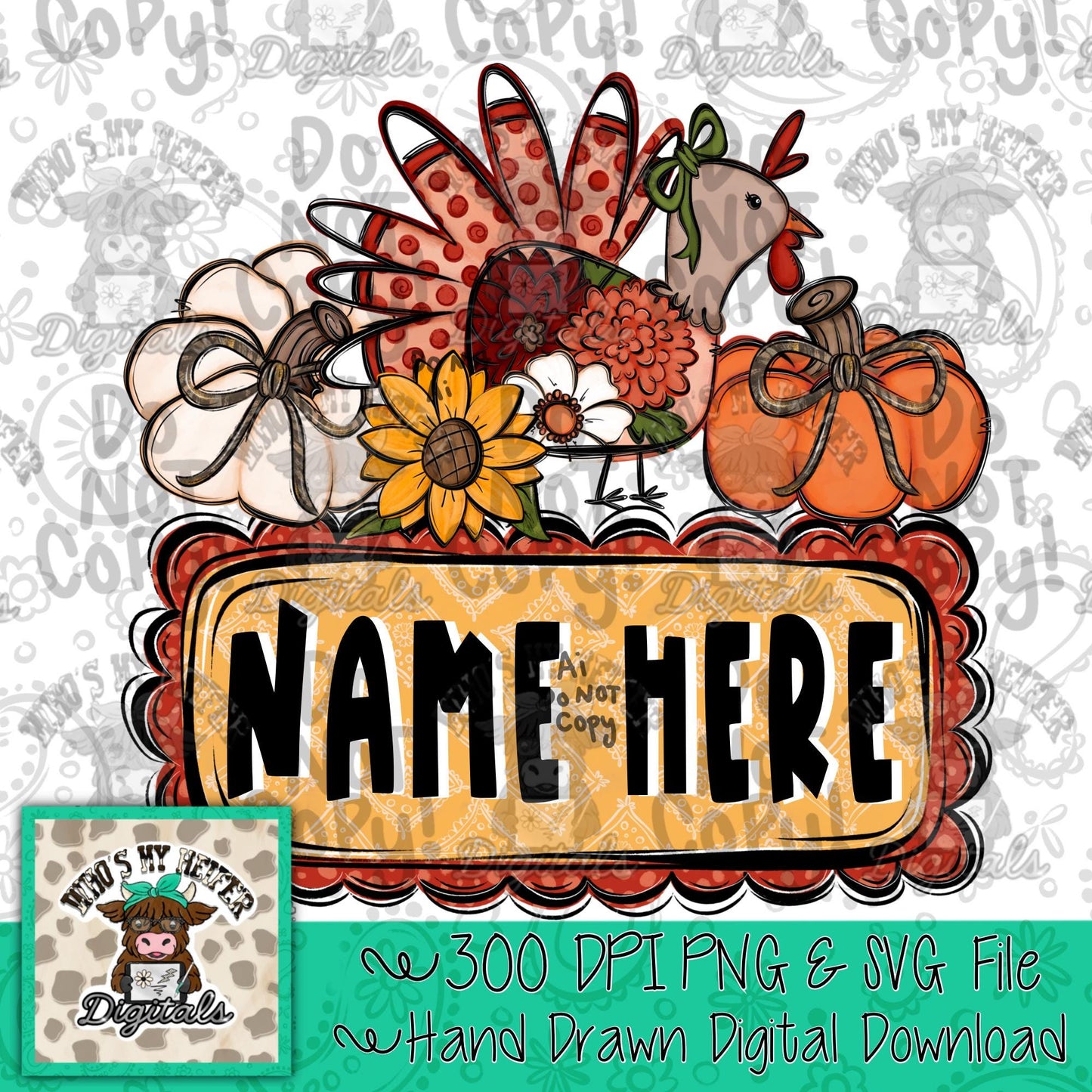 Girly Fall Name Block PNG Hand Drawn Whimsical Turkey with Bow and Pumpkin Sublimation File Trendy Sunflower Doodle Shirt Design
