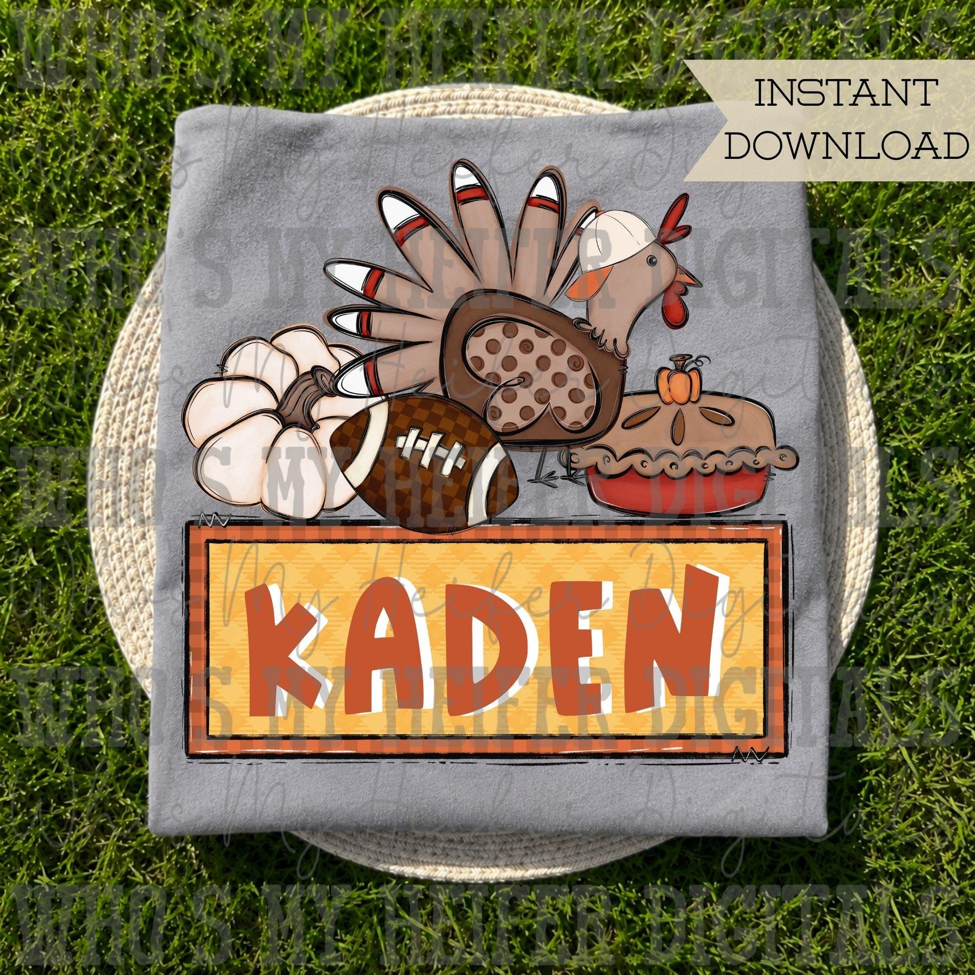 Boy Fall Name Block PNG Hand Drawn Whimsical Turkey with Hat Football and Pumpkin Sublimation File Trendy Pumpkin Pie Doodle Shirt Design