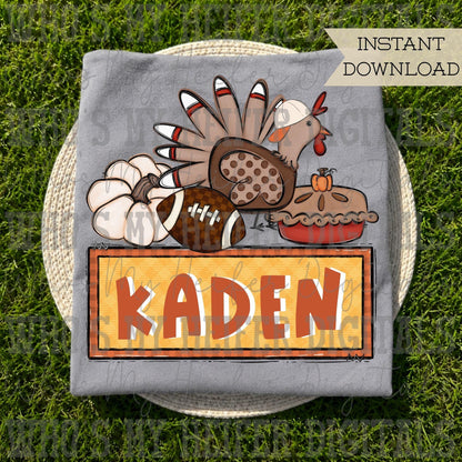 Boy Fall Name Block PNG Hand Drawn Whimsical Turkey with Hat Football and Pumpkin Sublimation File Trendy Pumpkin Pie Doodle Shirt Design